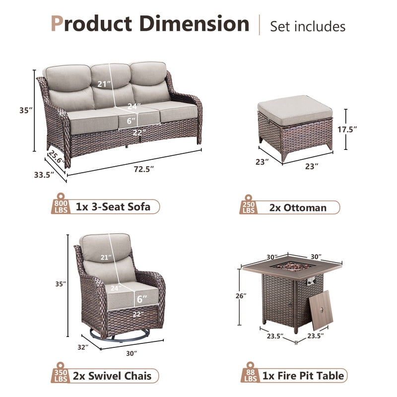Gymojoy Patio Furniture 6 Pieces Wicker Outdoor Sectional Sofa Sets, Rattan Conversation Set with Fire Pit Table, Swivel Chairs for Backyard, Pool