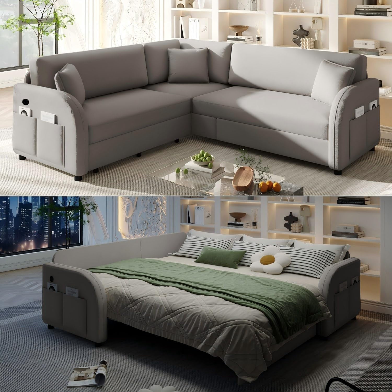 Howcool 85.1" L-Shaped Sectional Sleeper Sofa, 5-Seat Pull Out Couch Bed with USB Ports & Side Pockets, Teddy Fabric Convertible Sofa for Living Room, Light Grey