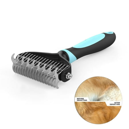 - Pet Dematting Comb Dual Sided Professional Undercoat Fur Grooming Rake Knot Cutter for Cats & Dogs