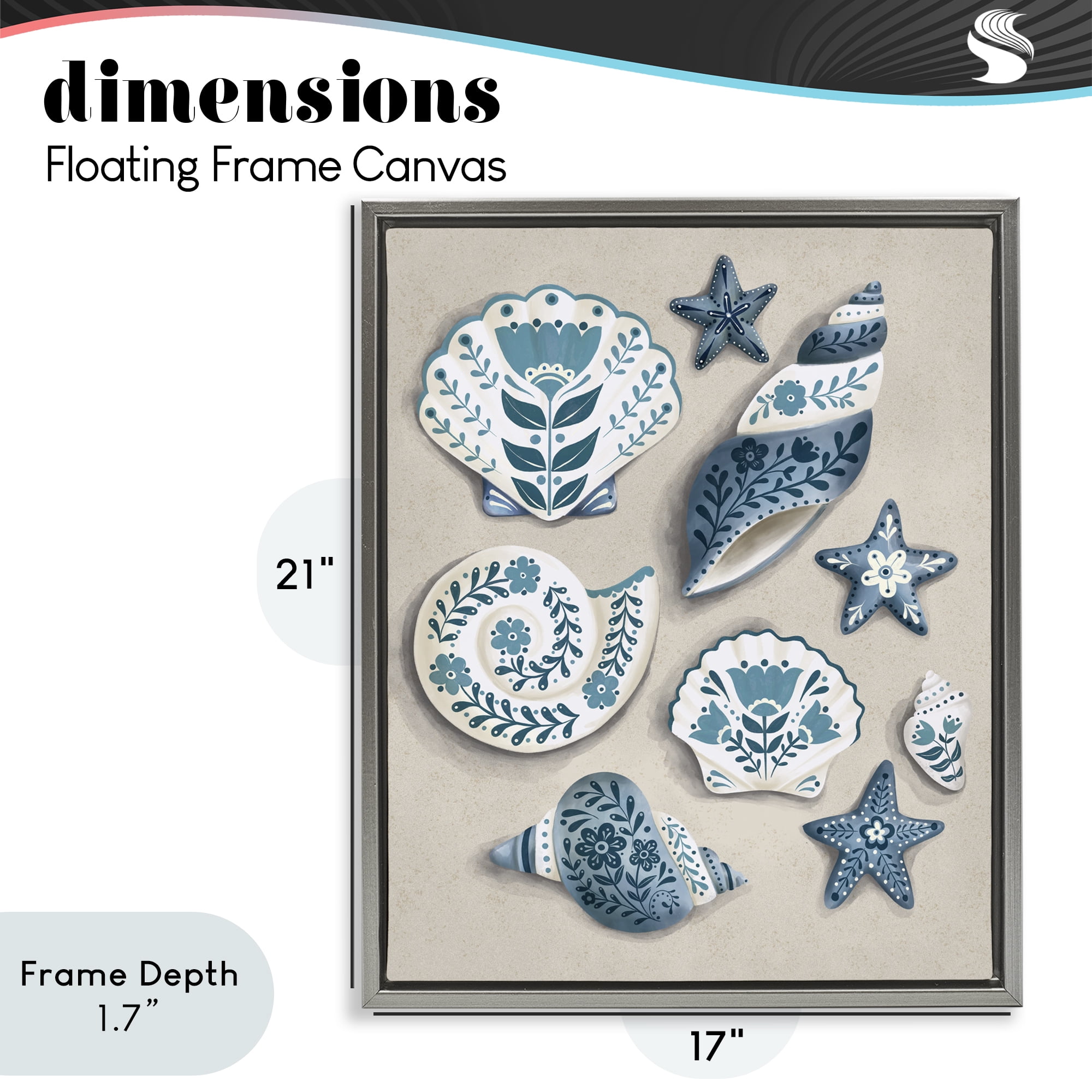 Stupell Industries Teal Nautical Floral Seashells Gray Framed Floater Canvas Wall Art, design by Penny Aguilera
