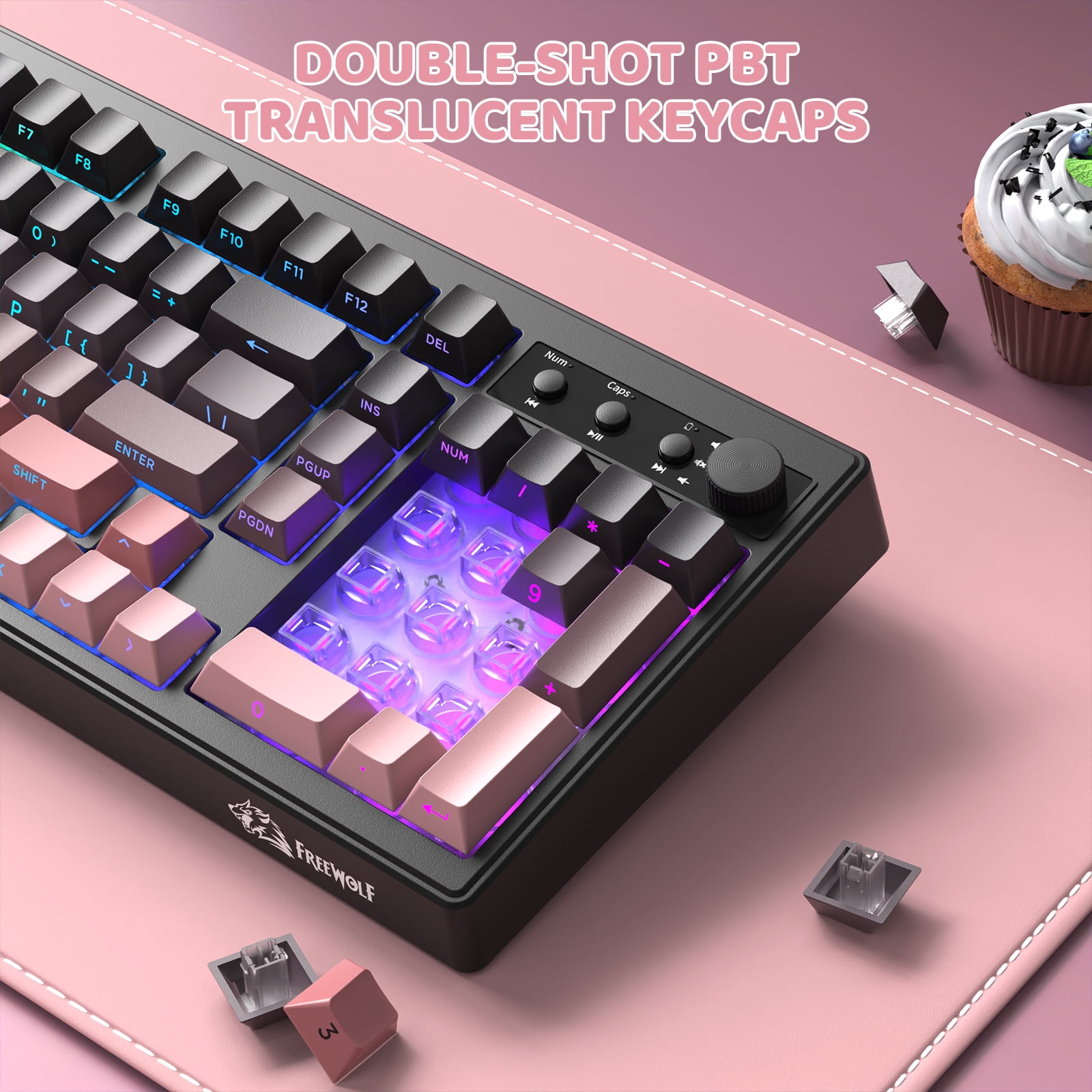 Freewolf-ZIYOULANG K100 Gaming Membrane Wireless 99 Keys Tri-Mode BT/2.4GHz/USB-C Computer Keyboard with Accessories Included, Pink