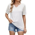 thumbnail image 2 of Womens Tops Women's 2025 Spring/Summer New Solid Color V Neck Lace Splicing Short Sleeve Loose T Shirt Top Shirts for Women, 2 of 6