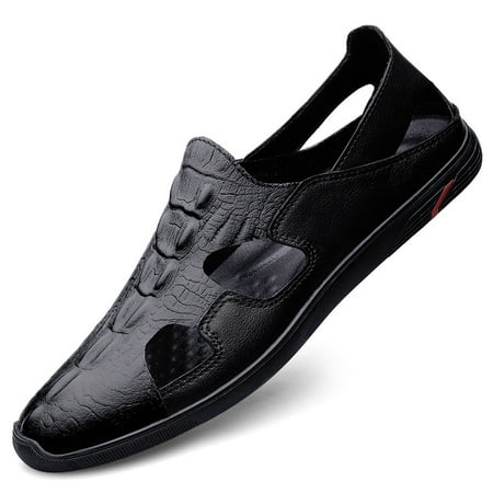 

Men‘s Crocodile Print Genuine Leather Sandals Fashion Lightweight Shoes Rubber Sole Casual Closed Toe Slides Slippers