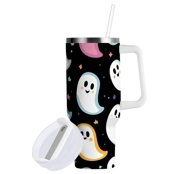 Yayeee 40oz Stainless Steel Tumbler with Straw and Handle Double-Wall Insulated Travel Water Bottle, White Halloween Ghost