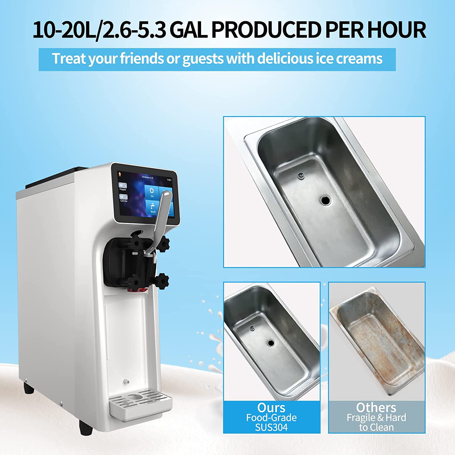 GSEICE Commercial Ice Cream Maker Mchine, 7 inch LCD Touch Screen 4.2 to 4.7 Gal/H Soft Serve Machine with Pre-Cooling Frequency Conversion, Soft