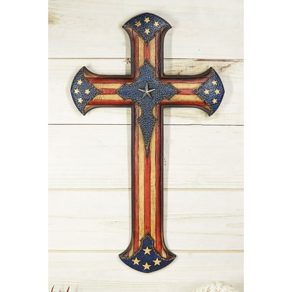 Patriotic USA American Flag With Western Stars Faux Tooled Leather Wall Cross