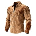 thumbnail image 4 of Men's Suede Cowboy Fringe Button Up Shirt Long Sleeve Solid Color Western Wear Retro Snap Collar Shirt Jacket Brown, 4 of 5