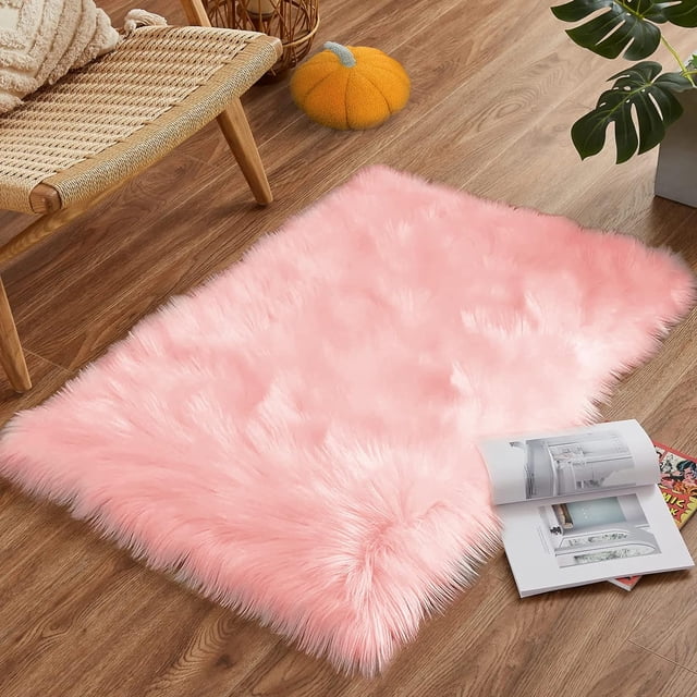 LAICAIW Pink Rug Small Cute Rug 2x3 Faux Fur Rug for Bedroom Girls Throw Rugs for Living Room Plush Soft Rug Home Decor Shaggy Rug, Rectangle