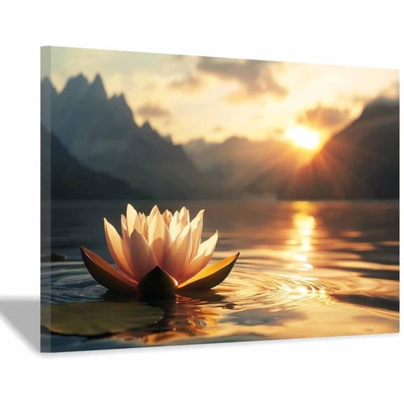 Mudket Sunrise Lake Lotus Flower Canvas Wall Art, Floral Nature Wall Decor, Framed Ready to Hang Artwork for Living Room Bedroom Bathroom Spa - 12"L x 8"W