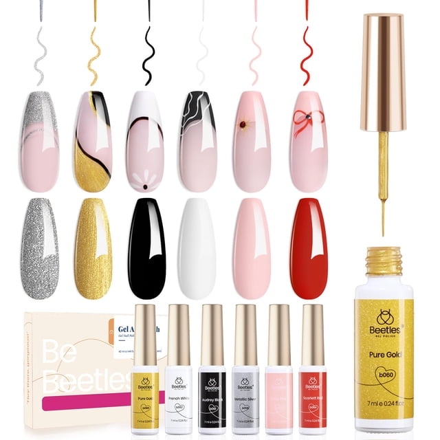 Set de esmaltes de uñas Gel Liner Beetles, 6 unidades, punta francesa blanca