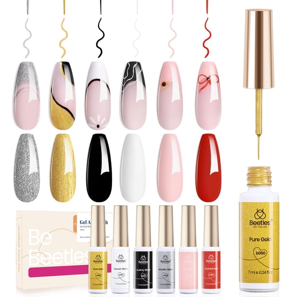 Set de esmaltes de uñas Gel Liner Beetles, 6 unidades, punta francesa blanca
