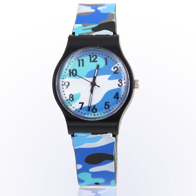 Reloj de pulsera de cuarzo con diseño de camuflaje para niños y niñas, color azul.
