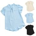thumbnail image 4 of Lovskoo 2024 Women's Office Tie Neck Shirts Short Sleeve Work Office Summer Blouse Tops Solid Color Shirts Light Blue S, 4 of 4