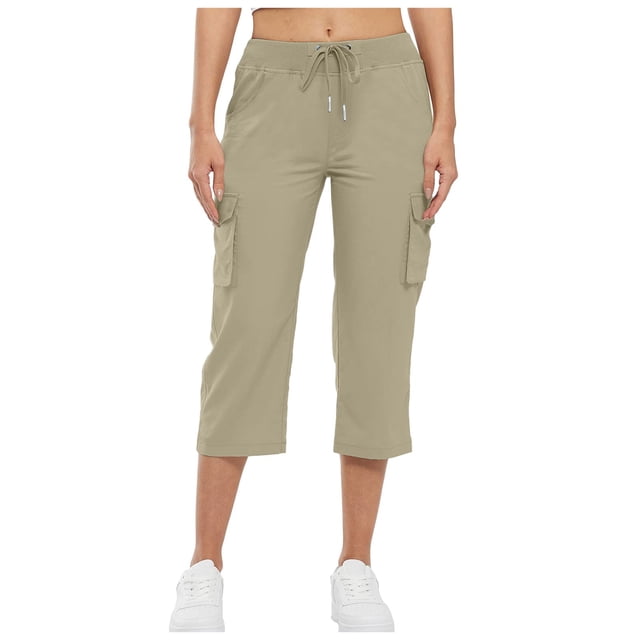 Icvfdpl Pantalon Cargo pour Femmes avec Poches, Capris Cargo de Randonnée à Cordon, Pantalon de Survêtement Taille Haute Capri, S