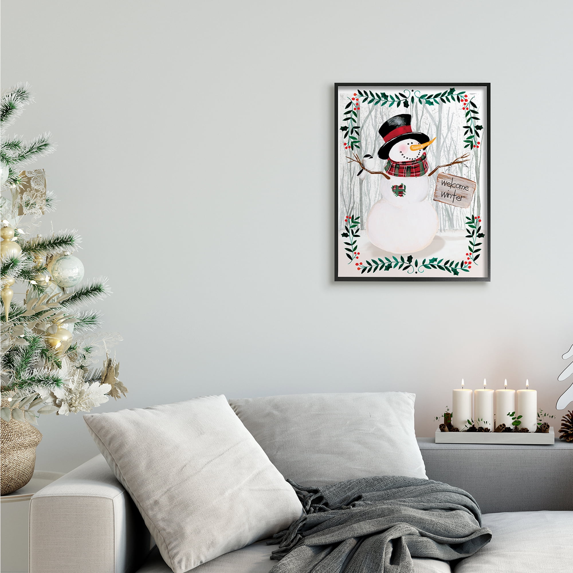 Stupell Industries Winter Welcome Greeting Snowman Forest Holly Florals Holiday Painting Black Framed Art Print Wall Art, 16 x 20
