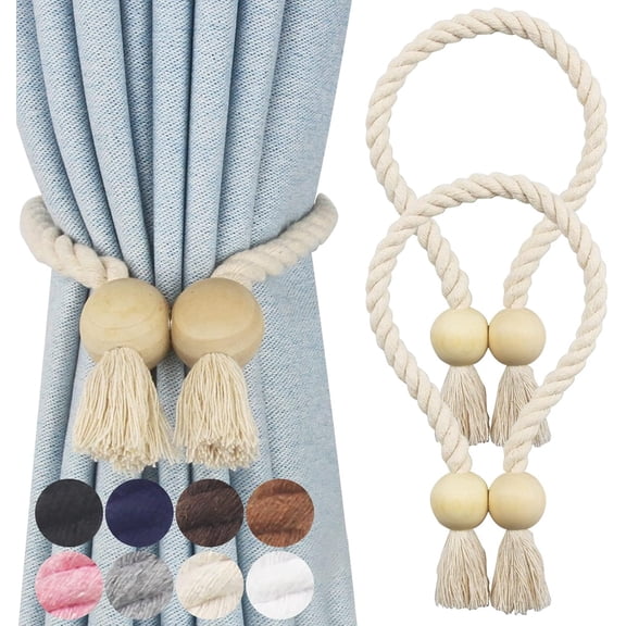 Emlimny 2 Pack Magnetic Curtain Tiebacks, Wood Bead Curtain Tiebacks,Curtain Holdbacks for Draperies, Elegant Curtain Tie Backs for Bedroom Decor, Boho Room Decor, Farmhouse Decor 