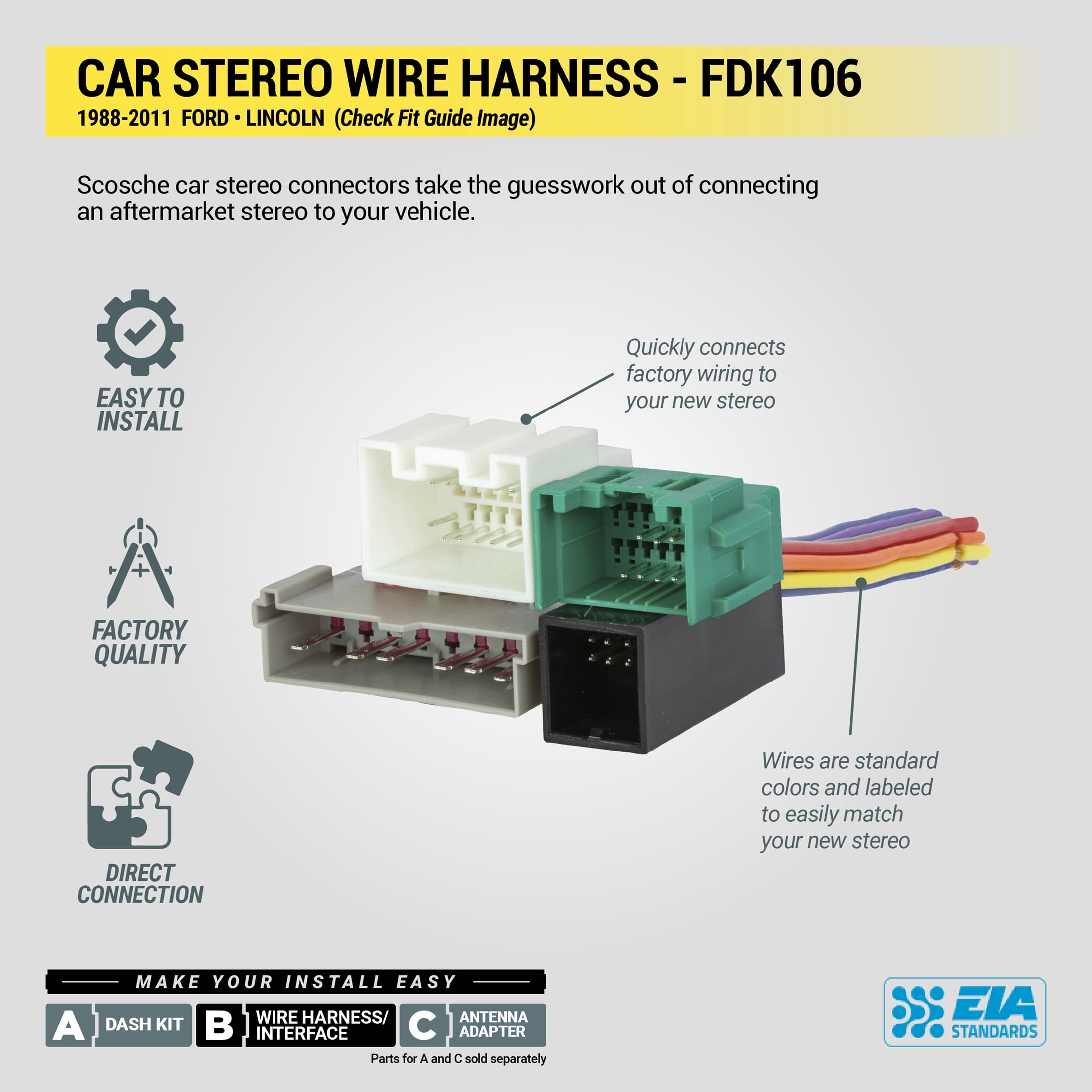 Scosche FDK106 Wiring Harness Compatible w/ Select 1988-11 Ford, Lincoln, Mazda, Mercury & Nissan