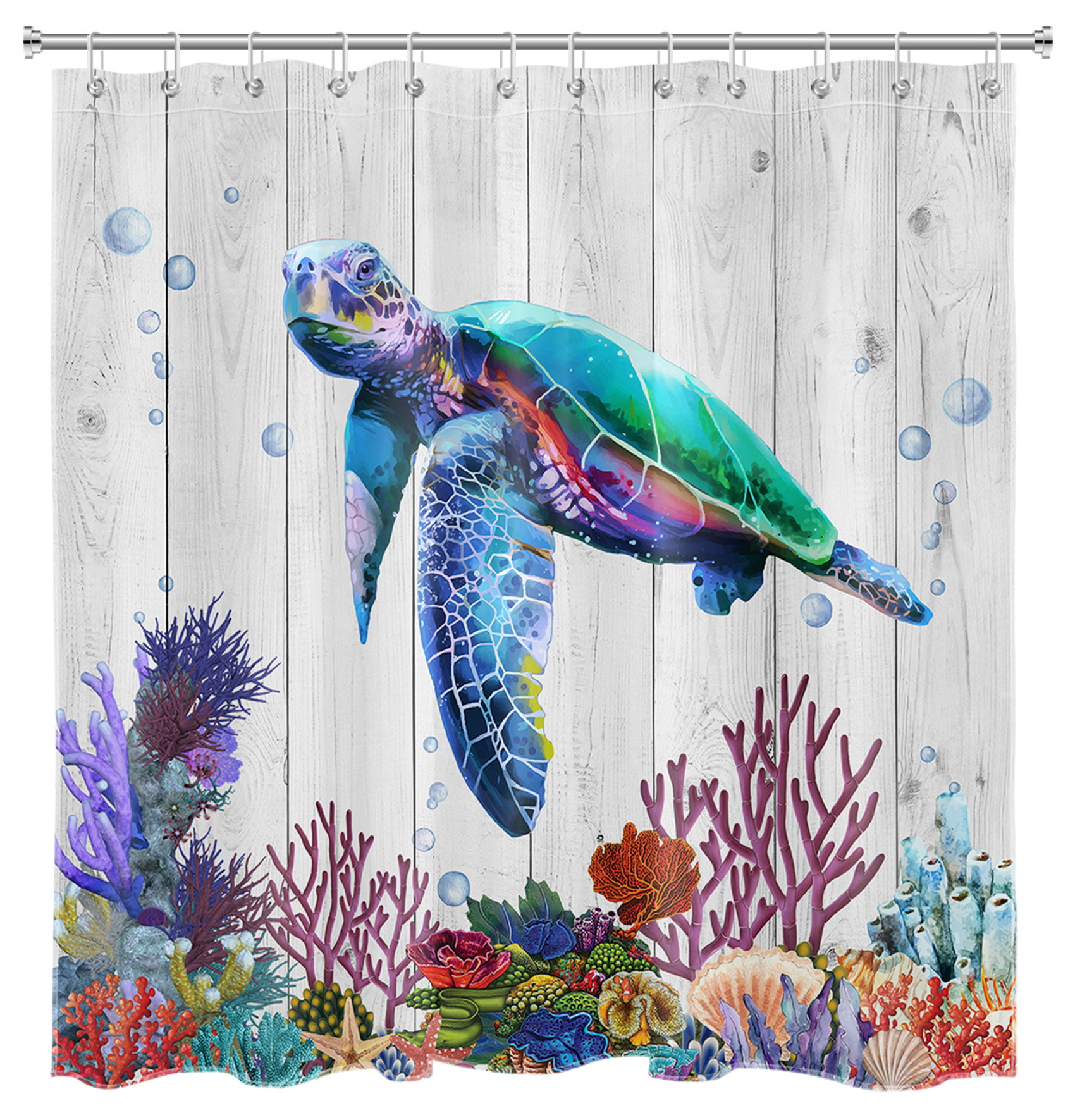 HVEST Sea Turtle Shower Curtain for Bathroom Funny Animal Turtle and Tropical  Marine Life Coral on Rustic Planks Shower Curtain Set Polyester Fabric Bath  Decor Accessories with Hooks,72 X 78 Inches 