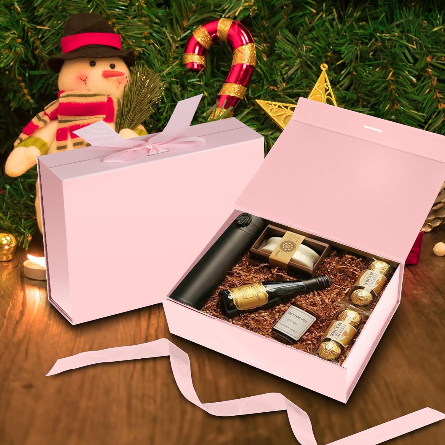 Gift Box with Lid for Presents 10.5x7.5x3.1 Inches with Ribbon and Magnetic Closure(1-Pack) (Pink)