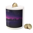 thumbnail image 3 of Night Piggy Bank, City Skyline Silhouette Skyscrapers Abstract Graphic Architecture Urban Life, Ceramic Coin Bank Money Box for Cash Saving, 3.6" X 3.2", Indigo Pale Pink, by Ambesonne, 3 of 4
