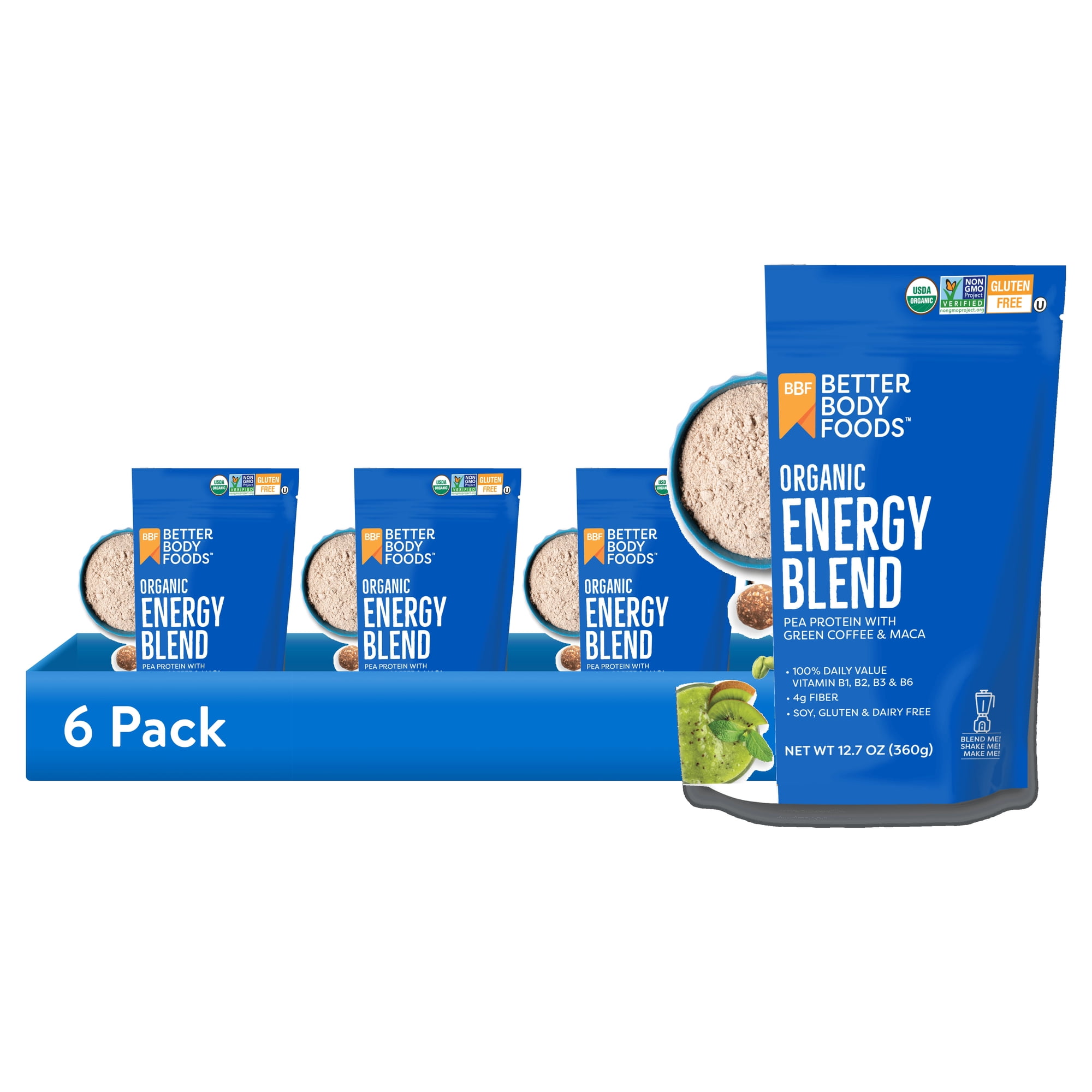 (6 pack) BetterBody Foods, Pea Protein Maca & Green Coffee, Organic Energy Blend Powder, 12.7 oz