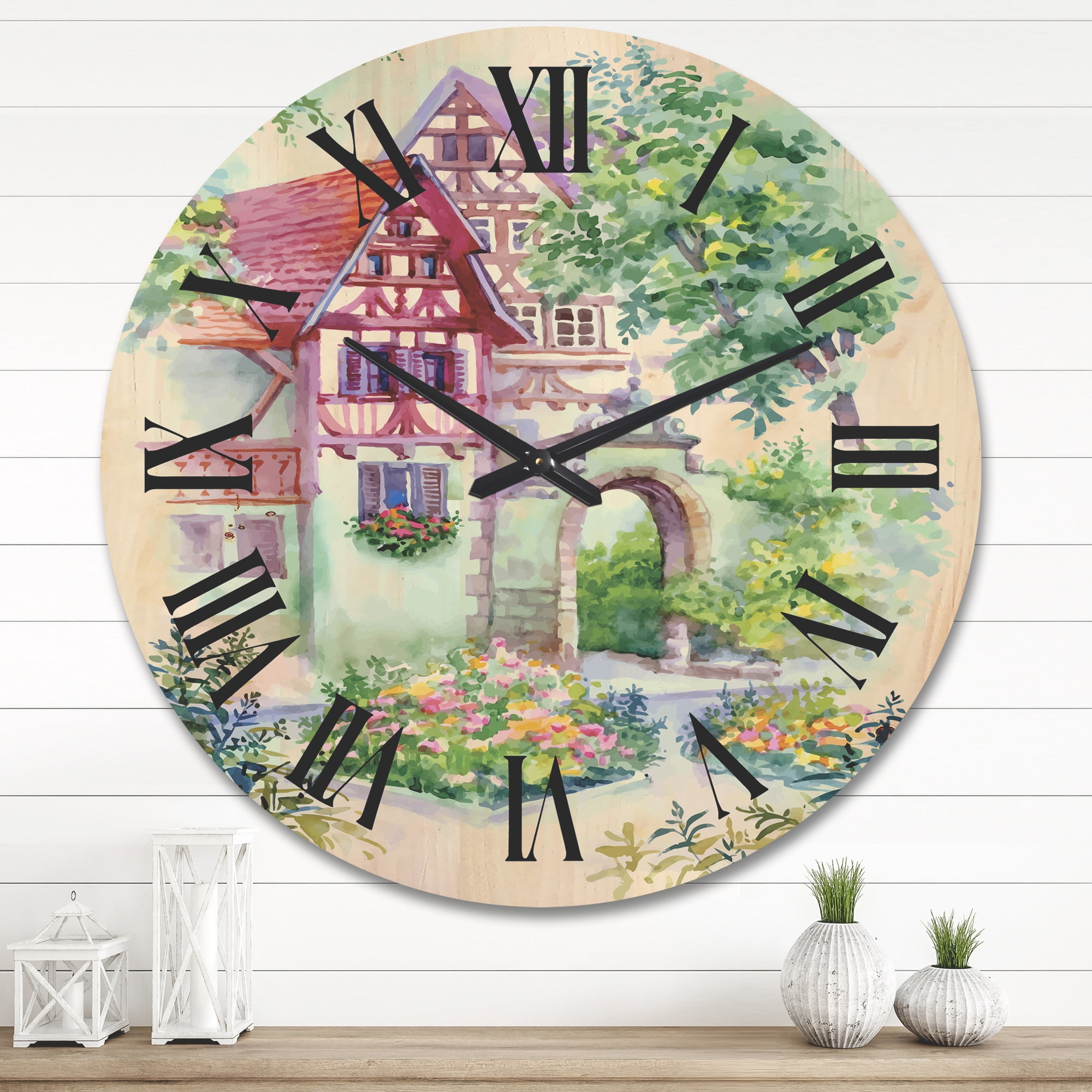 Designart 'Red Rustic House In The Country Side Landscape' Traditional Wood Wall Clock