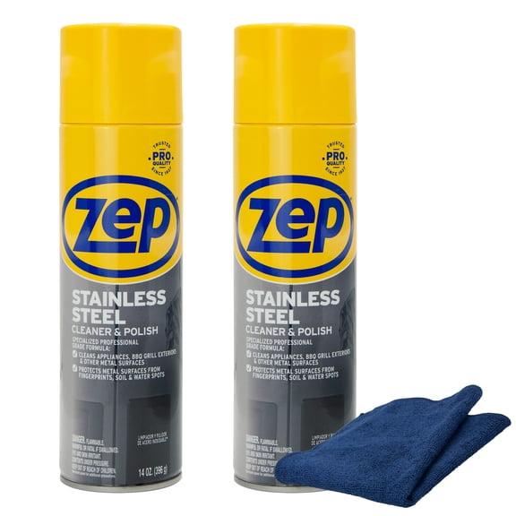 Zep Stainless Steel Cleaner & Polish 14 oz and Blue Microfiber Rag Fingerprint Remover and Polish for Stainless Steel Refrigerators Dishwashers and Appliances