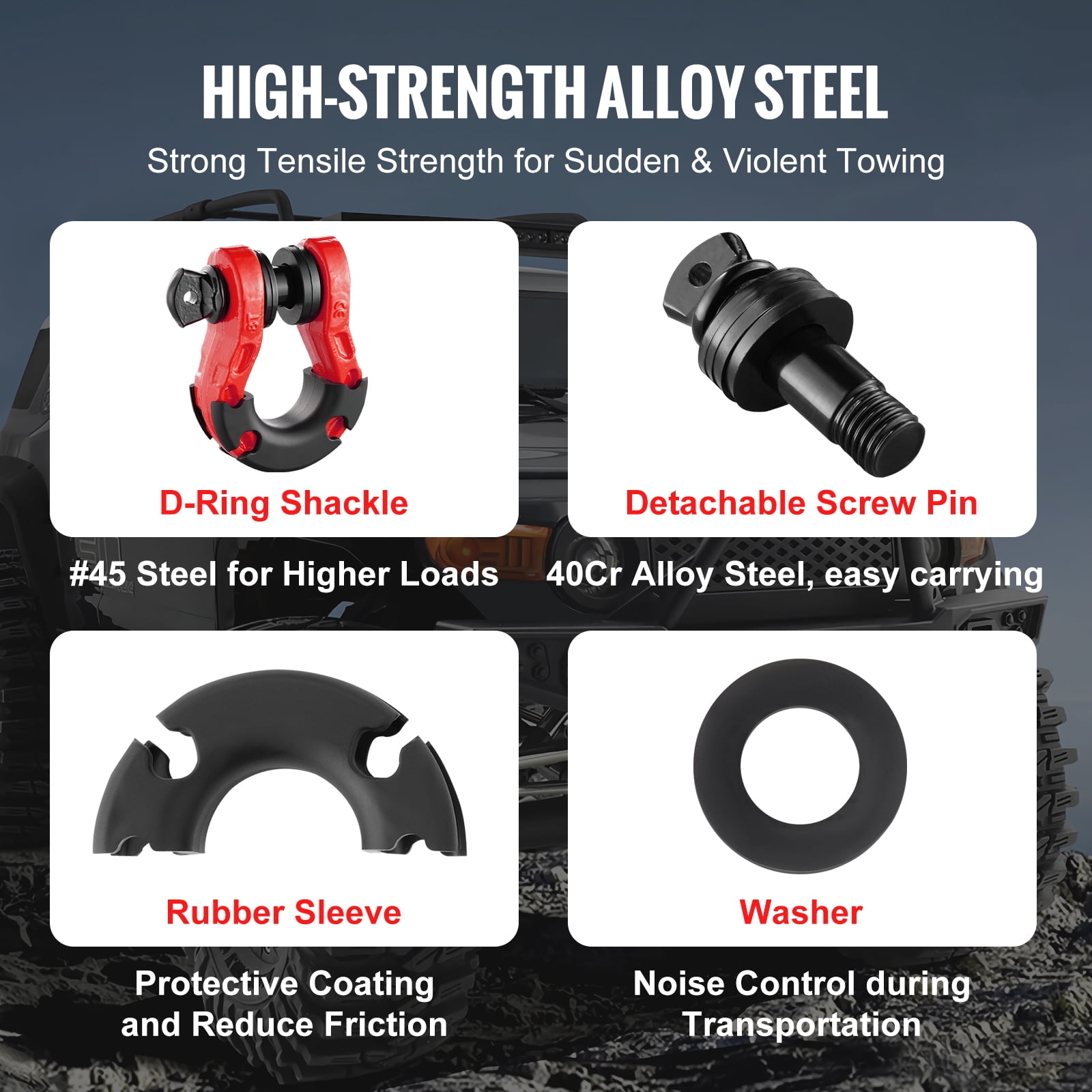 KFFKFF 3/4" D-Ring Shackle, 2-Pack, Alloy Steel, 66139 lbs (30 Ton) Break Strength, 7/8" Screw Pin, Includes Isolators & Washers, Durable Recovery Gear for Off-Road Vehicles, Jeep, Truck - Red