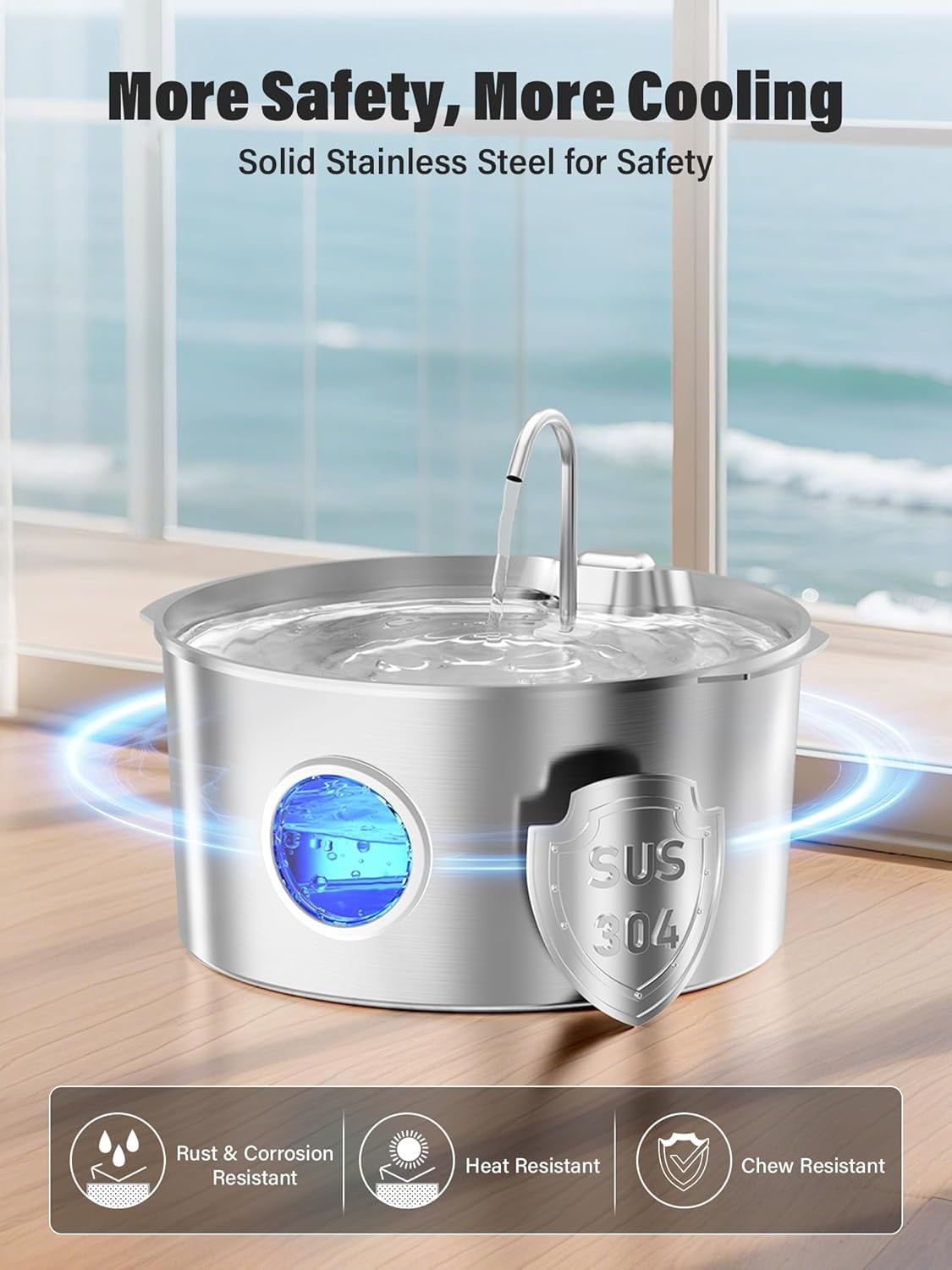 3.4Gal Dog Water Fountain for Large Dogs, Extra Large Stainless Steel Pet Water Fountain, Round Dog Water Bowl Dispenser with Metal Handle, Water Level Window for Multi Pet Home