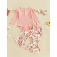 thumbnail image 2 of Suealasg 3Pcs Baby Girl Fall Outfits Set Long Sleeve Ribbed Romper + Floral Print Flare Pants + Headband Set 3 6 12 18 Months Infant Girl Spring Clothes, 2 of 7