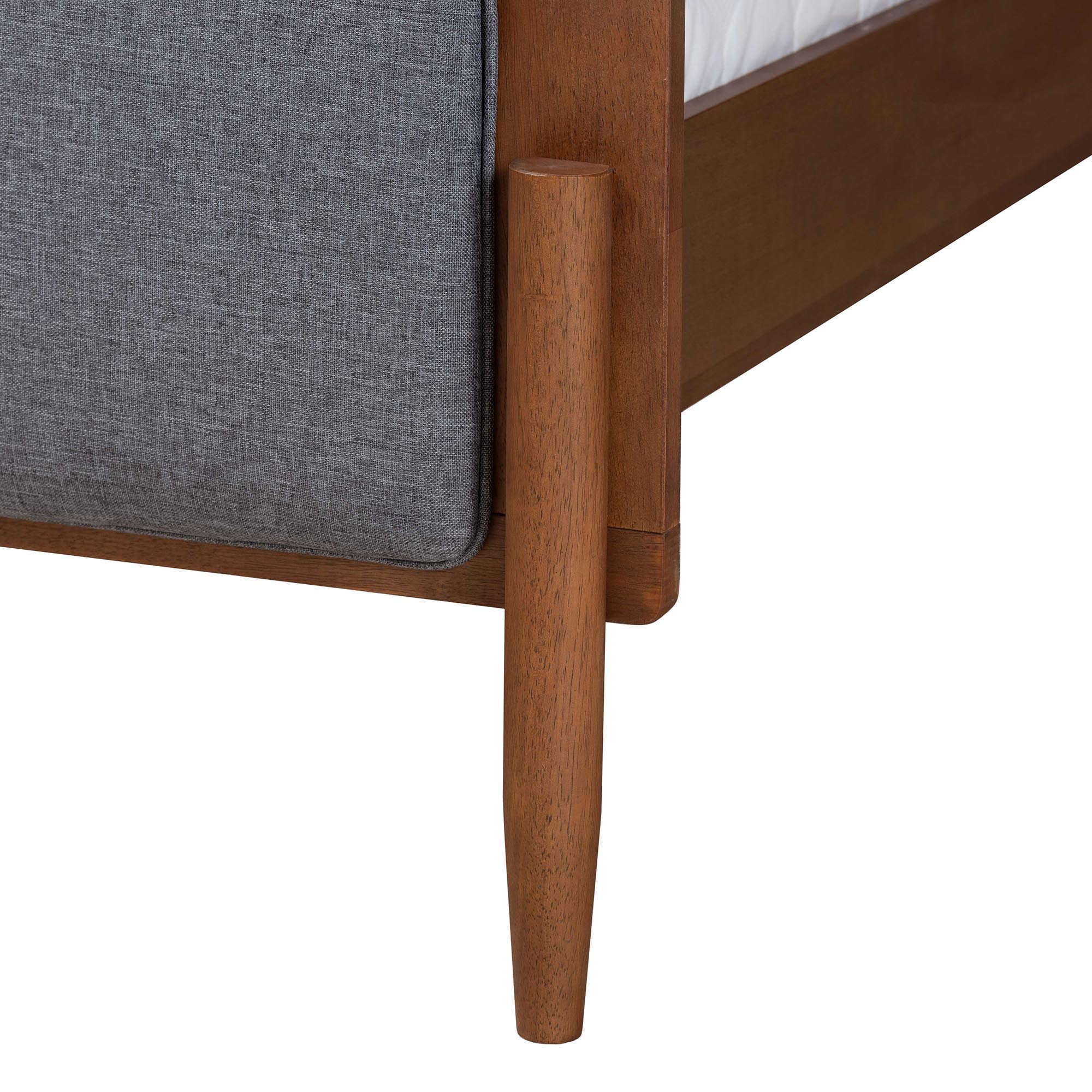 Baxton Studio Powers Mid-Century Modern Grey Fabric and Ash Walnut Finished Wood Queen Size Platform Bed