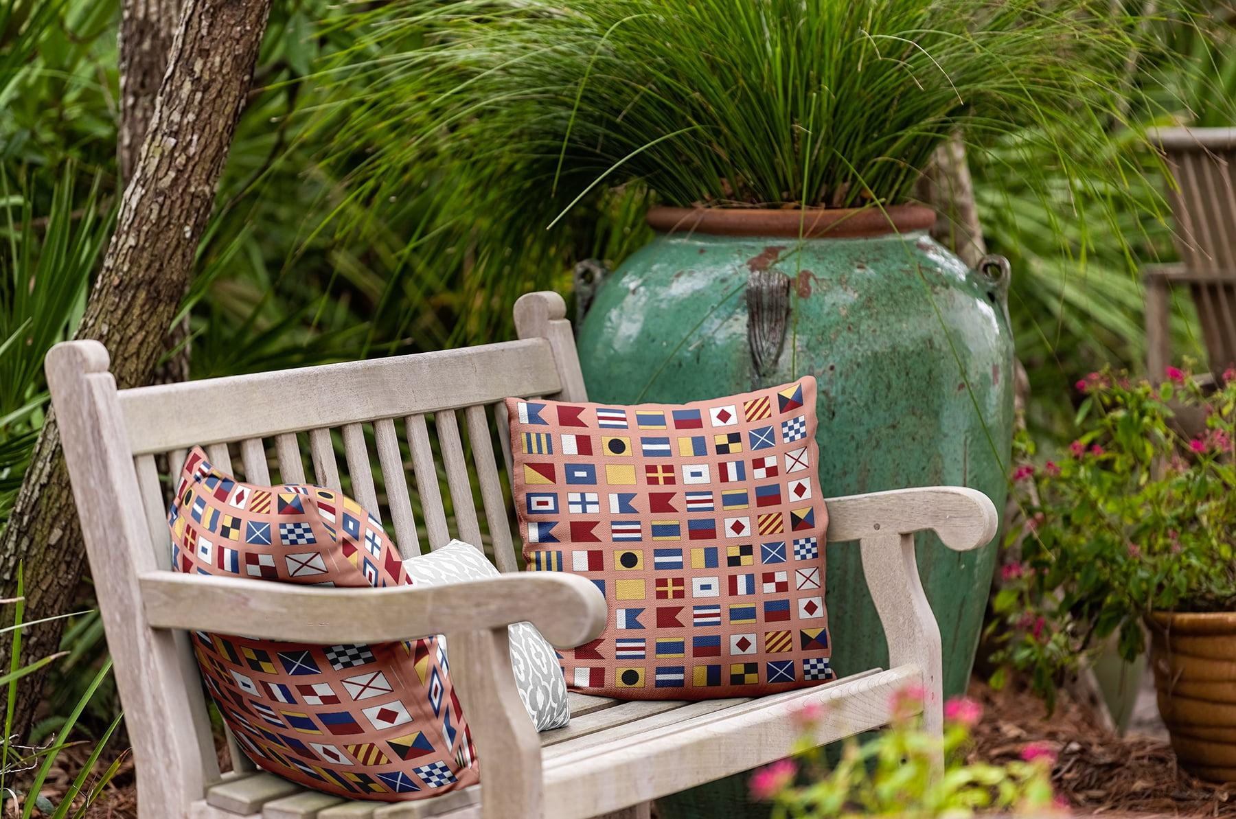 Simply Daisy 20" x 20" Nautical Flags Indoor/Outdoor Throw Pillow, Soft Coral (1 count)