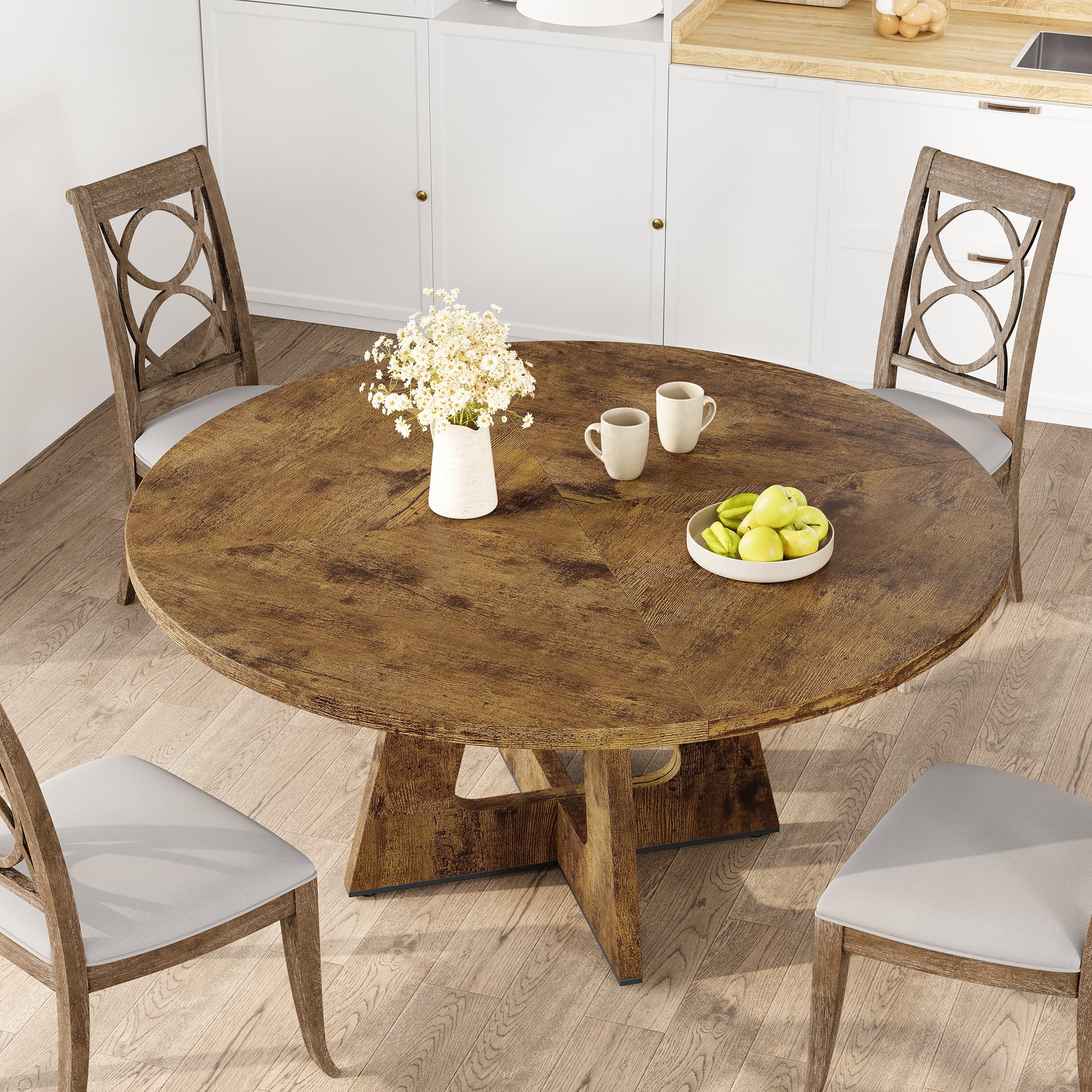 47'' Round Large Dining Table Set for 4 to 6,Mid Century Wood Dinner Table with Wide Tabletop and Cross Base,Dining Room Table for Home Dining Room or Living Room (No Chairs)