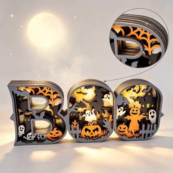 Vintage Halloween Decorations Indoor, 3D Wooden Cute BOO Sign, Rustic Halloween Tabletop Decor, Spooky Shelf Mantel Decoration for Home (BOO Decor)