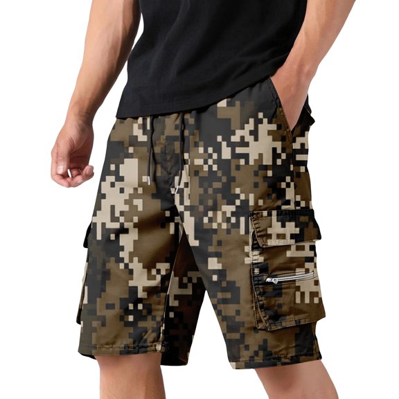 Fabrcox Men's Camo Cargo Shorts Elastic Waist Bermuda Shorts for Men Lightweight Summer Outdoor Running Basketball Shorts for Men with Pockets Brown M