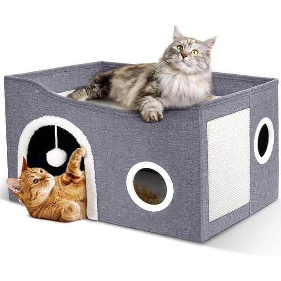 Cat House for Indoor Cats - Large Cat Bed Cave with Fluffy Ball and Scratch Pad, Foldable Cats Houses & Condos, Cat Hideaway, Covered Kitty Bed for Multi Small Large Kitty, 23.8x15.9x13.2 Inch