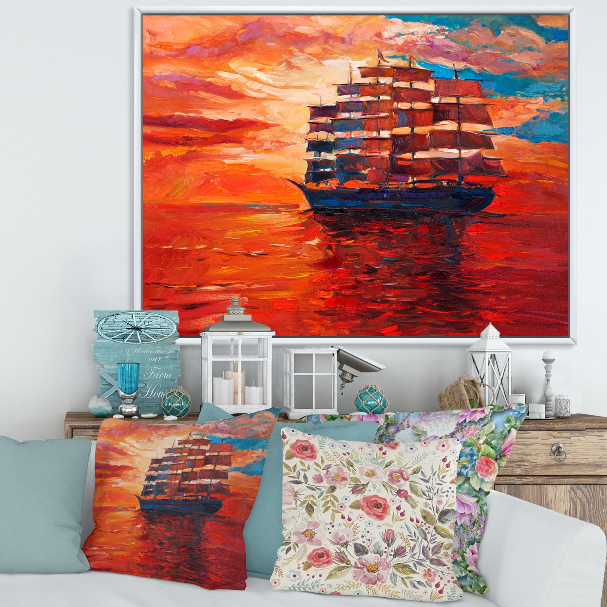 Frigate During Red Evening Glow On The Ocean Horizon 20 in x 12 in Framed Painting Canvas Art Print, by Designart