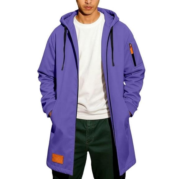 ZQUUVOU Men's Long Hooded Sweatshirts Solid Color Zip Front Long Sleeve Drawstring Tops with Pockets Casual Outerwear Purple