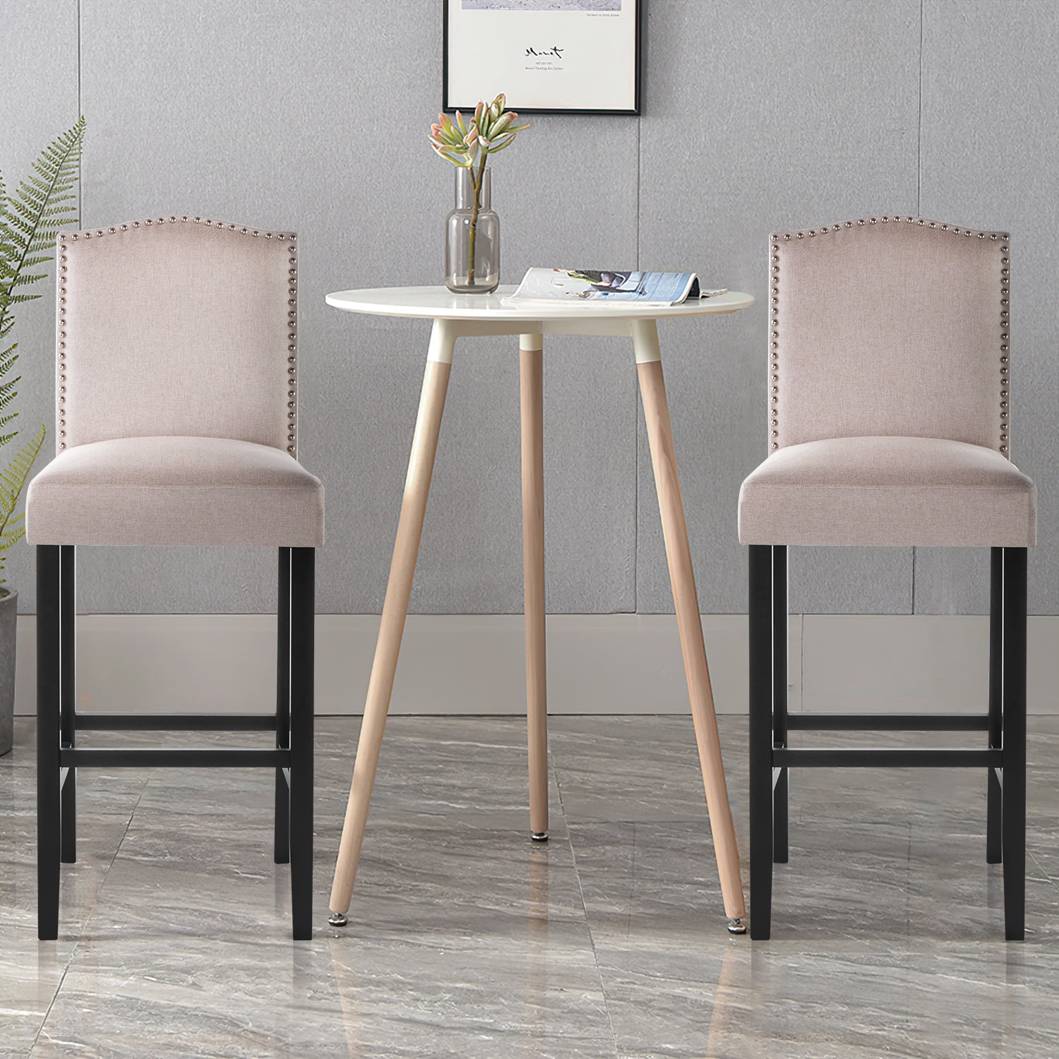 Kadyn Bar Counter Chairs with Nailhead, 2 Pcs Modern Bar Stools, Upholstered Dinner Chairs for Bedroom, Dining Room, Wheat