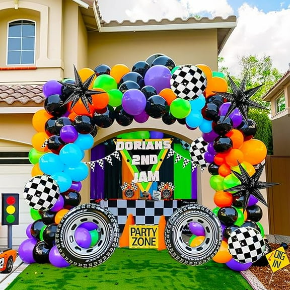 Truck Theme Balloon Garland Arch Kit vibrant Purple orangeGreen Black with Big Wheels checkered star mylar foil balloons For Kids fast one Boy Birthday Race Car construction theme Party Decorations