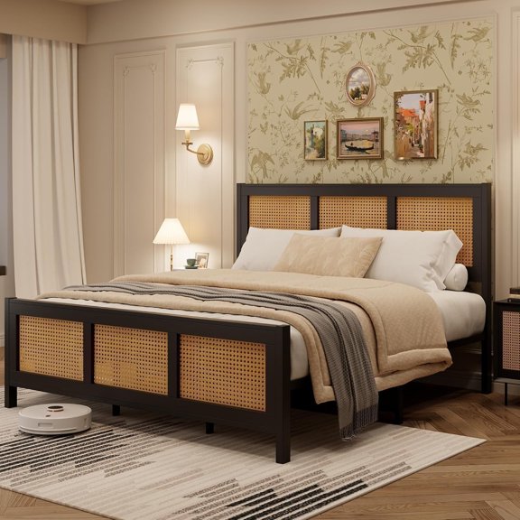 Garvee Full Size Bed Frame with Headboard, Bohemian Rattan Platform Bed Frame with Strong Metal Slats Support, No Box Spring Needed, Noise-Free Design, Black
