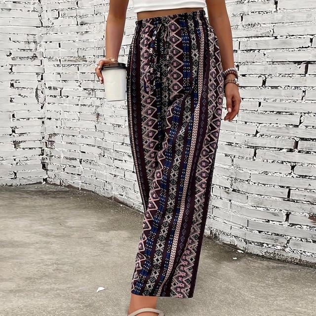 Tnhcen Pantalon Grand Rétro Imprimé pour Femmes Taille Haute Taille Élastique Coupe Ample Style Boho Pantalon Extensible P-2TG Décontracté Grande Taille