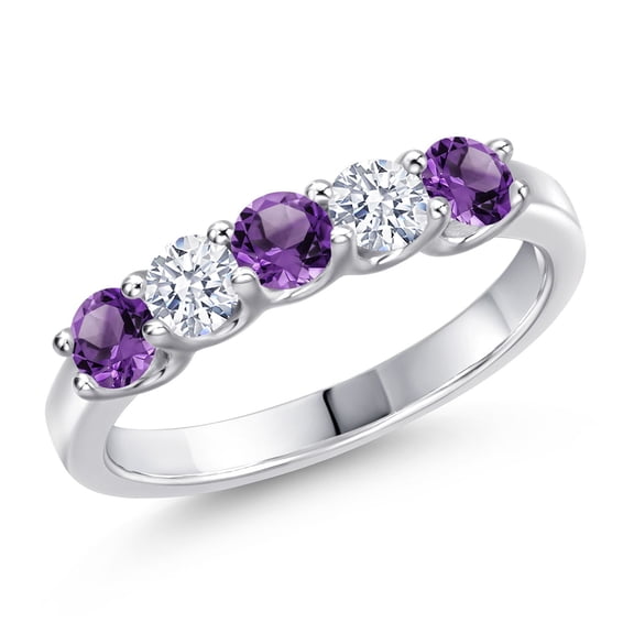 Gem Stone King 925 Sterling Silver Purple Amethyst and White Zirconia Wedding-Bands Ring for Women | 1.13 Cttw | Round 3.5MM | Gemstone February Birthstone | Size 9
