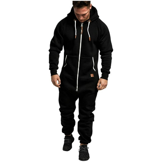 Men's winter hooded fleece jumpsuit solid color matching casual suit