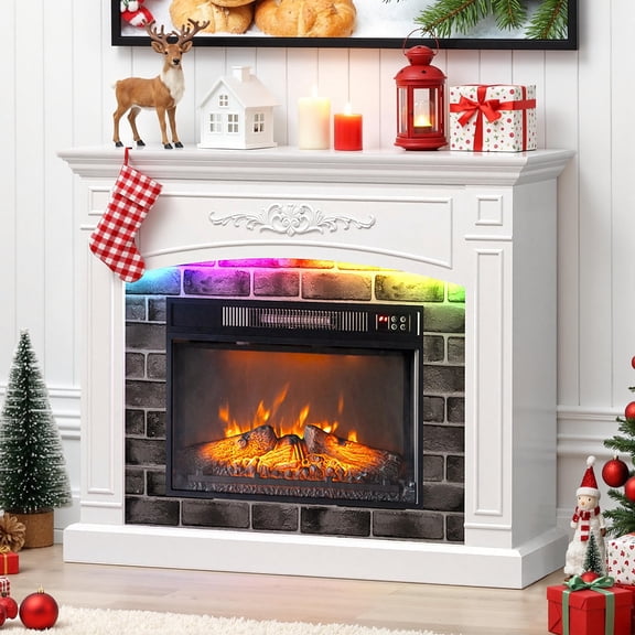 43''W Electric Fireplace with Mantel, 18'' Freestanding Fireplace Heater with Remote Control & Adjustable LED Light Strip, Fireplace TV Stand for 55 inch TV, Living Room Bedroom, 1400W, White