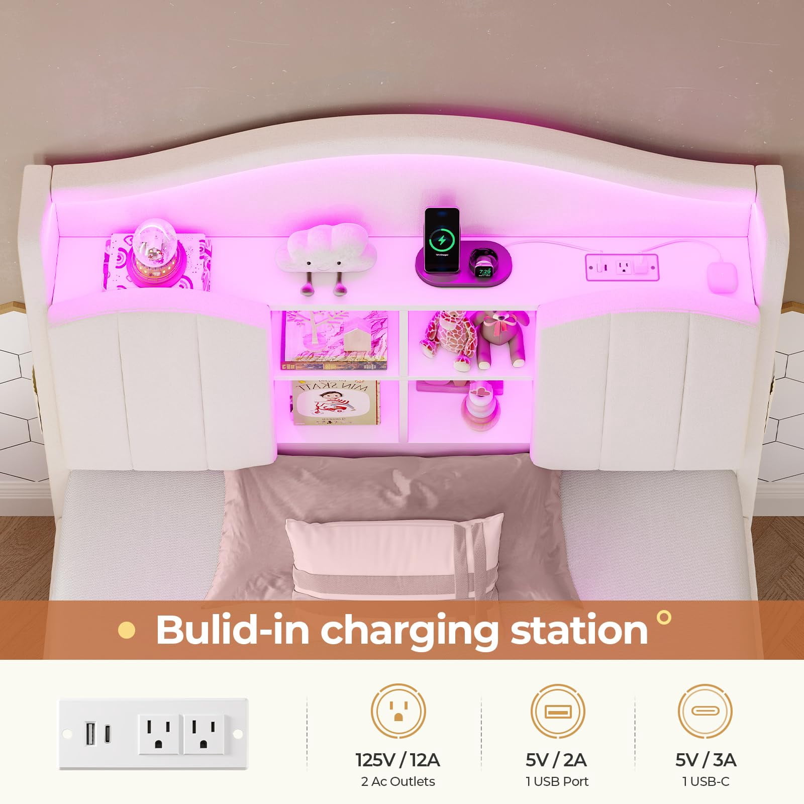 Twin Girl Bed with LED Lights & Charging Station,Platform Twin Size Princess Bed Frame, Upholstered Storage Headboard,No Box Spring Needed,Easy Assembly, Beige