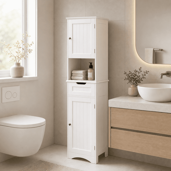 Aiho 67 " Bathroom Storage Cabinet with Adjustable Shelves, Kitchen Pantry with Drawer and Doors for Bathroom, Freestanding - Brown