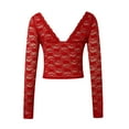 thumbnail image 5 of NINGMENG Womens Tops Solid Color Lace V Neck Long Sleeve See Through Mesh Floral Slim Fit Layering Tops Pullover T Shirts Outwear,Red,M, 5 of 5