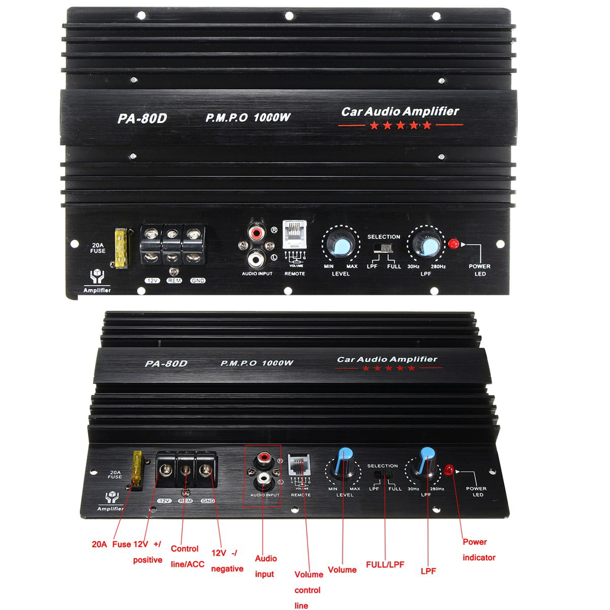 10'' Powerful 1000W 12V 4ohm 1CH Mono Car Audio High Power Amplifier Board Bass Subwoofer Amp Connect For Speaker / CD Player 30Hz~280KHz