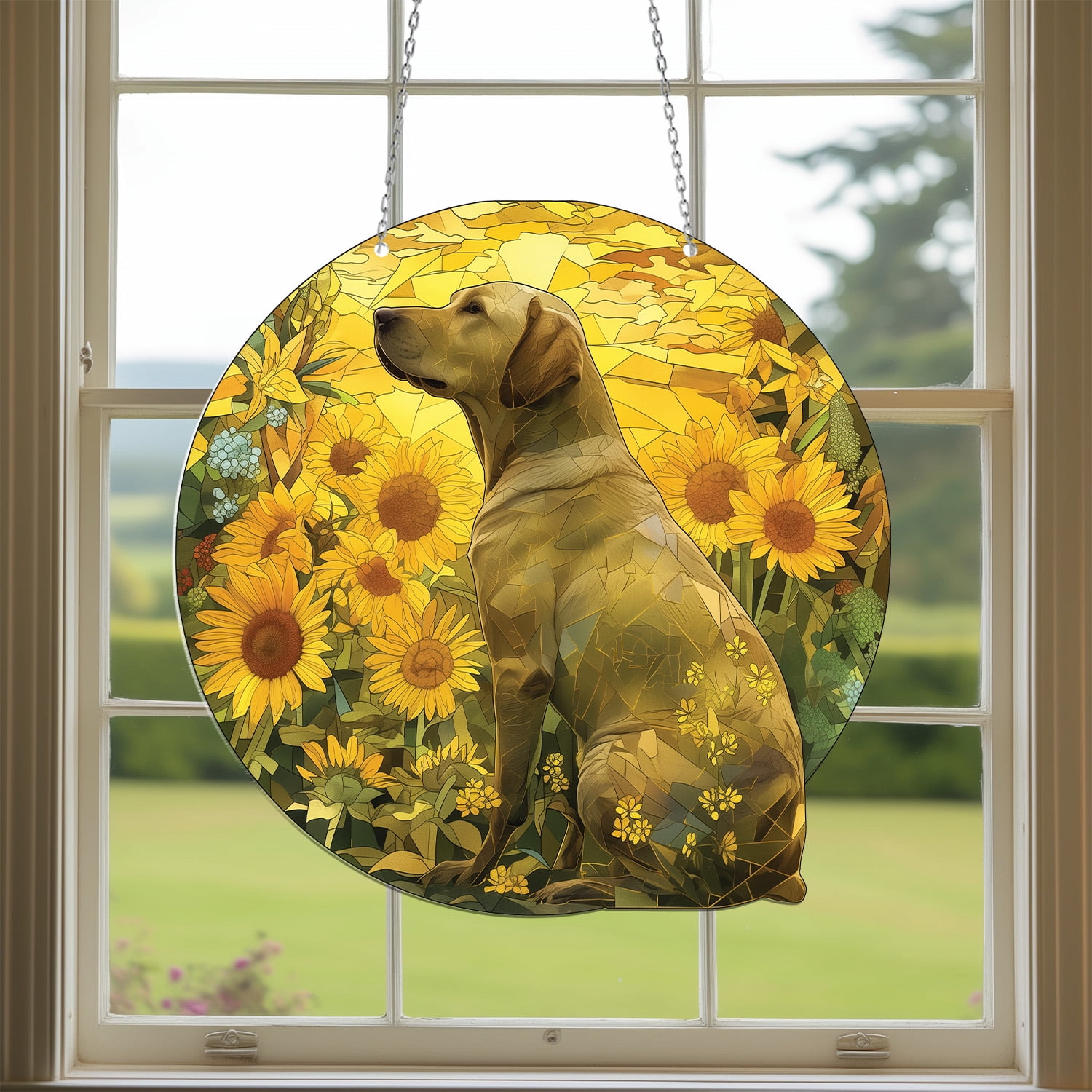 Artistic Labrador Retriever Acrylic Suncatcher - Vibrant Sunflower Design, Ideal Gift for Pet Owners